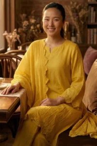 A full-length view of the Saaz mustard yellow crinkle georgette kurti set with a matching dupatta.
