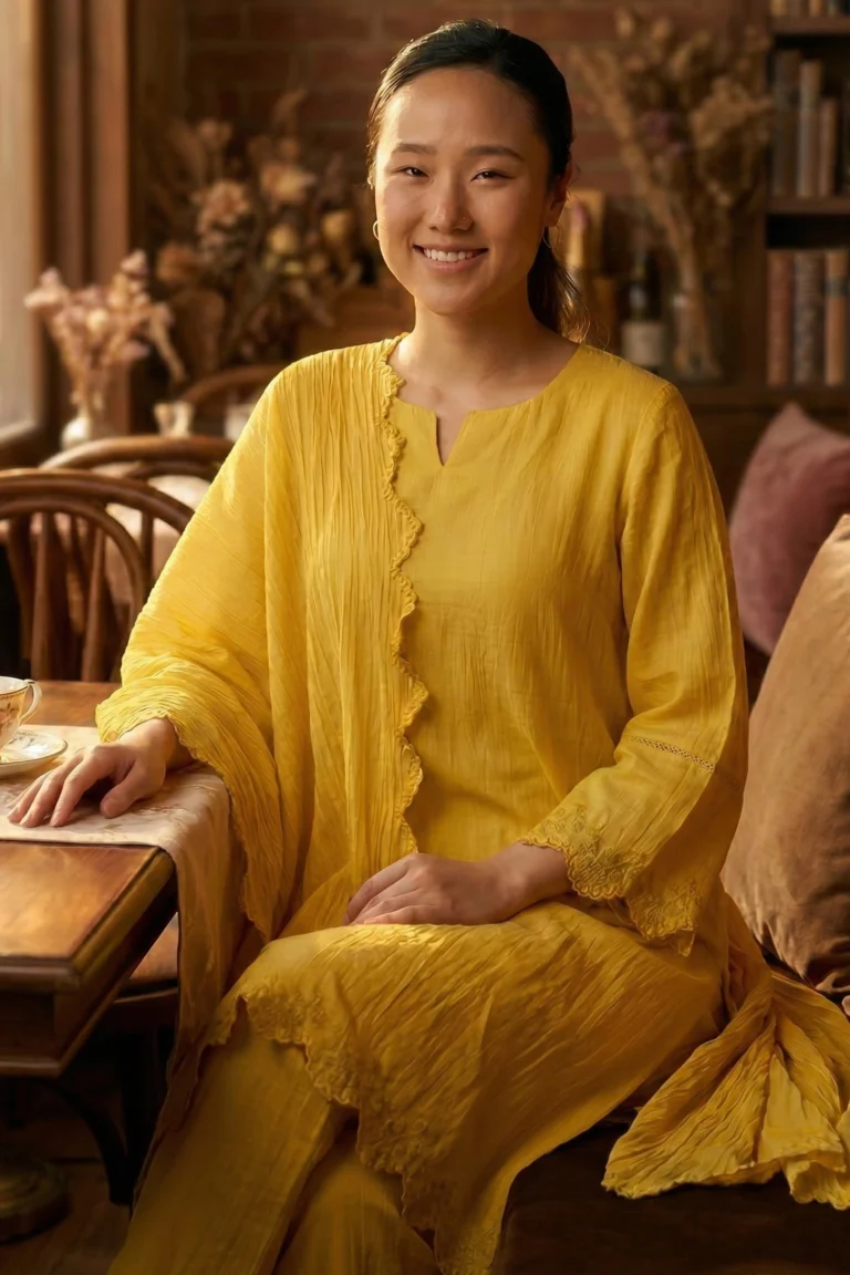 A full-length view of the Saaz mustard yellow crinkle georgette kurti set with a matching dupatta.
