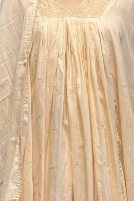Close up of Chanderi Blossom cream elegance kurti showing detailed embroidery and V-neck design