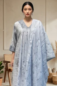Model wearing Chanderi Blossom blue chanderi kurti set with embroidery and matching dupatta