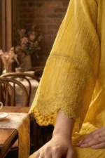 Detailed shot of the embroidered sleeve cuff and unique crinkled fabric texture of the mustard Saaz kurti.