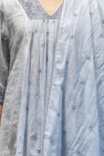 Close up of Chanderi Blossom blue chanderi kurti showing detailed embroidery and neckline design