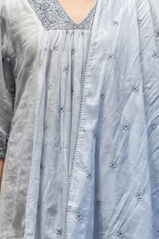 Close up of Chanderi Blossom blue chanderi kurti showing detailed embroidery and neckline design