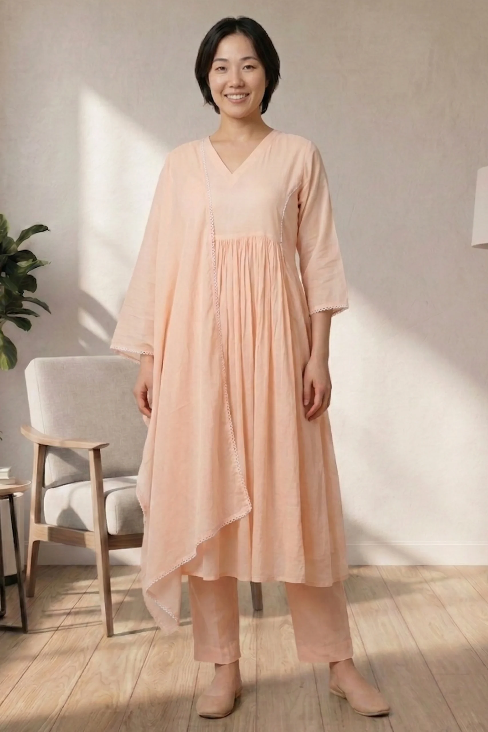 ORA Ethnic V Neck Peach Gathered Kurta Set A full-length studio photo of a model in the ORA Ethnic V Neck peach three-piece set, featuring a flowy gathered kurta, straight trousers, and a lace-bordered dupatta.