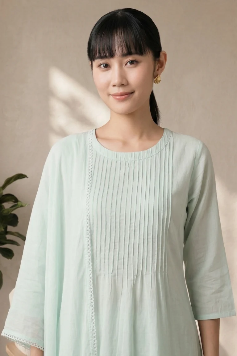 A portrait of a woman wearing the Nysa Weaves seafoam green kurti, highlighting the round neckline and the intricate vertical pin-tuck pleats on the bodice with a matching lace-trimmed dupatta.