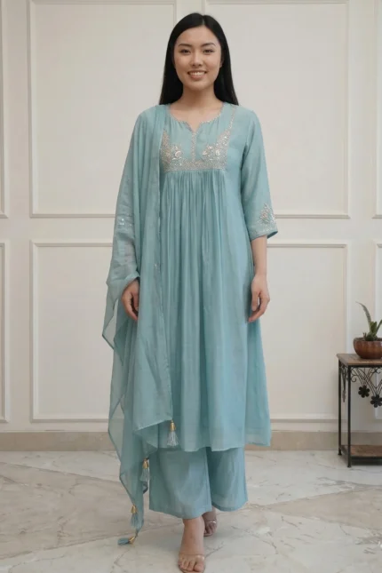 A woman stands wearing a Majuli Muse seafoam blue ethnic ensemble. The set includes a long, flared kurti with silver embroidery on the yoke and sleeves, matching wide-leg palazzo trousers, and a lightweight dupatta draped over her shoulder featuring gold tassel accents. The background is a minimalist room with white paneled walls and a small potted plant.