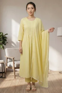 A full-length studio portrait of a woman wearing the Canvas pale yellow ethnic set. The outfit includes a long pintucked flared kurti, matching straight-fit trousers, and a lace-bordered dupatta. She is styled with beige slide sandals in a minimalist, sunlit room.