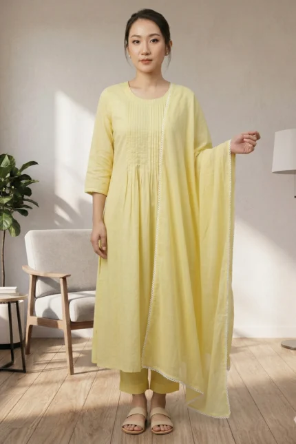 A full-length studio portrait of a woman wearing the Canvas pale yellow ethnic set. The outfit includes a long pintucked flared kurti, matching straight-fit trousers, and a lace-bordered dupatta. She is styled with beige slide sandals in a minimalist, sunlit room.