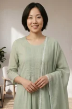 A close-up shot of the Nazm kurta’s bodice, highlighting the meticulous vertical pleats and round neckline. The soft sage green fabric shows a high-quality matte finish.