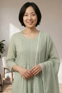 A close-up shot of the Nazm kurta’s bodice, highlighting the meticulous vertical pleats and round neckline. The soft sage green fabric shows a high-quality matte finish.