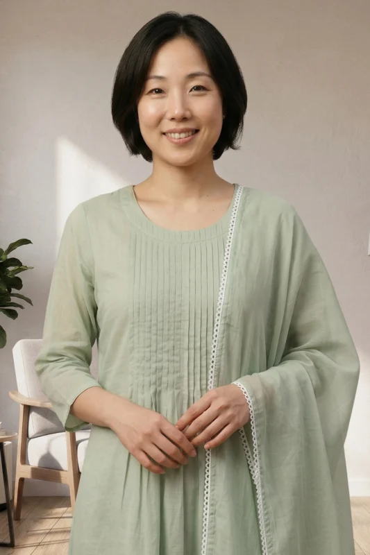 A close-up shot of the Nazm kurta’s bodice, highlighting the meticulous vertical pleats and round neckline. The soft sage green fabric shows a high-quality matte finish.