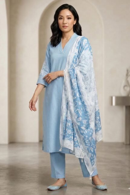 Full-length view of the light blue Edge linen kurti set with straight pants and a matching floral dupatta.