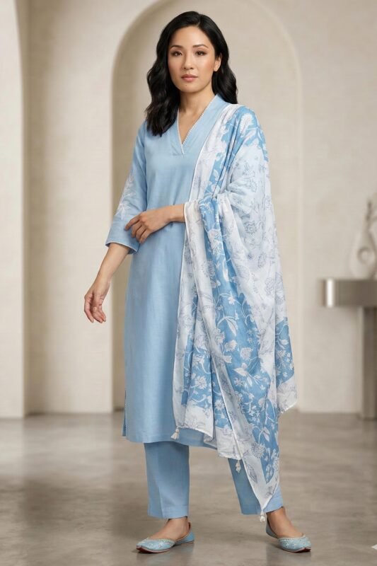 Full-length view of the light blue Edge linen kurti set with straight pants and a matching floral dupatta.