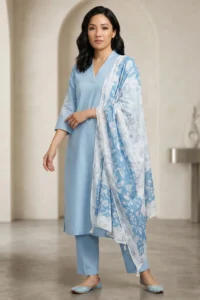 Full-length view of the light blue Edge linen kurti set with straight pants and a matching floral dupatta.