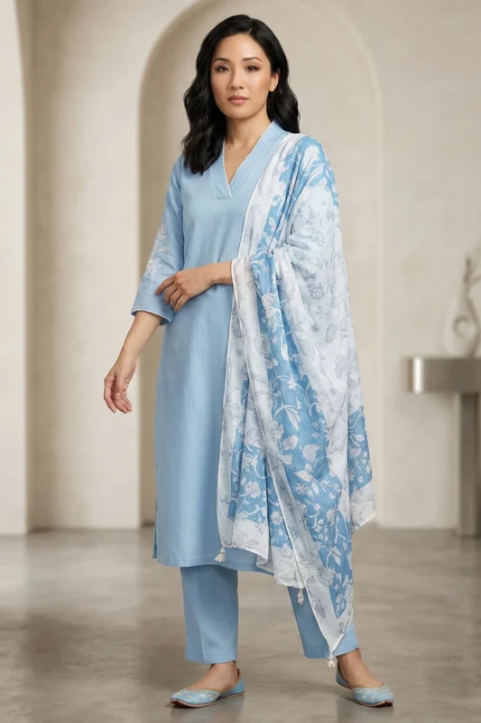 Full-length view of the light blue Edge linen kurti set with straight pants and a matching floral dupatta.