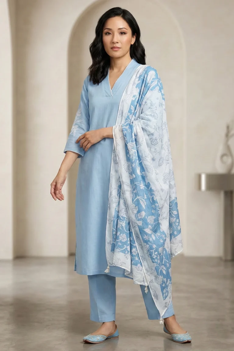 Full-length view of the light blue Edge linen kurti set with straight pants and a matching floral dupatta.
