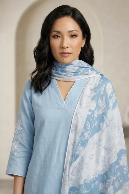 Woman wearing a light blue Edge kurti paired with a vibrant pink and blue floral print dupatta.