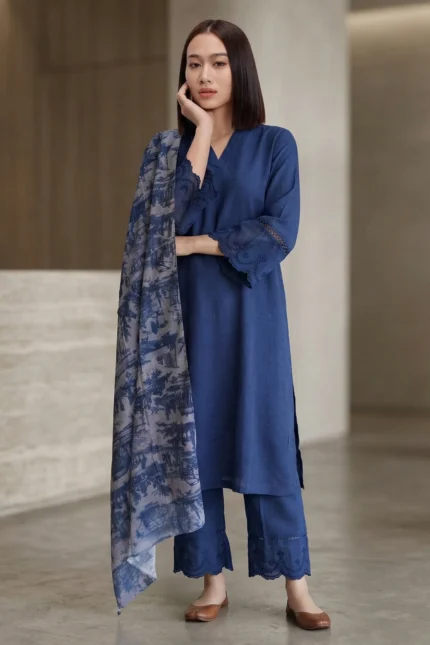 Full-length shot of the Vogue blue linen kurti set including straight-fit trousers and a decorative floral dupatta.