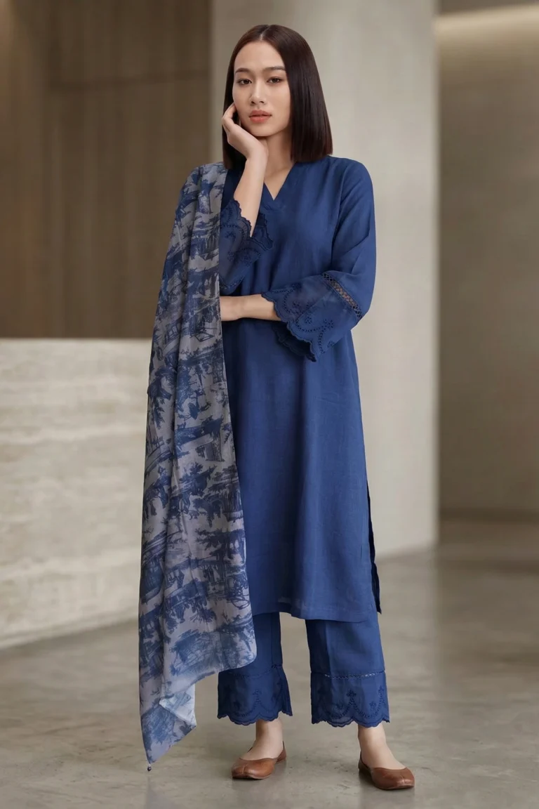Full-length shot of the Vogue blue linen kurti set including straight-fit trousers and a decorative floral dupatta.