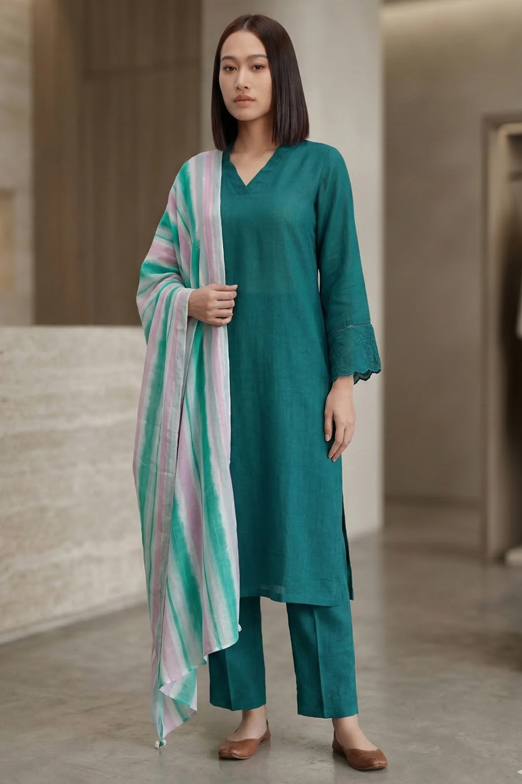 Vogue Teal Kurti Set Full-length view of the teal Vogue linen kurti set with straight trousers and a coordinated striped dupatta.