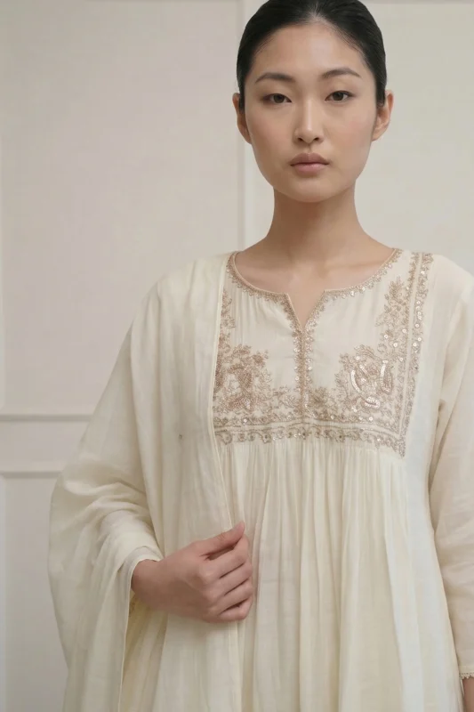 A detailed close-up shot of the white kurti's chest area, showcasing dense hand-embroidered floral patterns in matching white thread. The design includes delicate gathers below the embroidery, creating a graceful, voluminous flared fit.