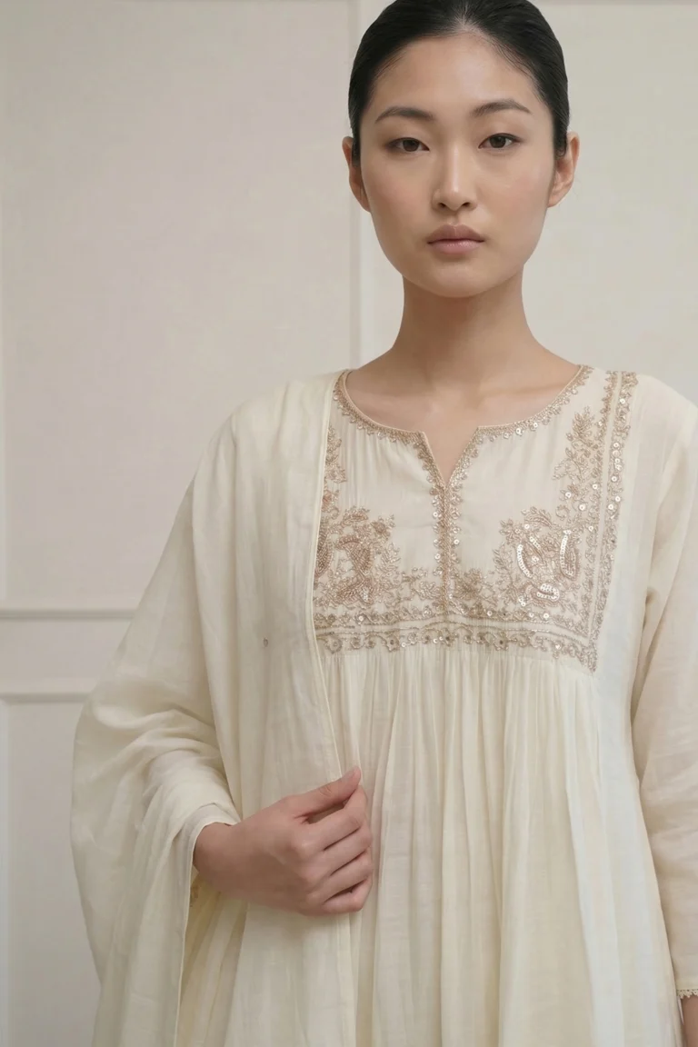 A detailed close-up shot of the white kurti's chest area, showcasing dense hand-embroidered floral patterns in matching white thread. The design includes delicate gathers below the embroidery, creating a graceful, voluminous flared fit.