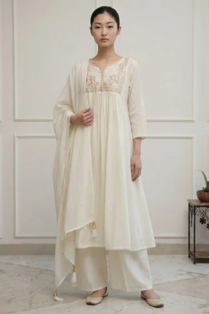 A full-length view of a woman wearing an all-white flared kurti from the Majuli Muse collection. The garment features intricate white-on-white floral embroidery on the bodice and a wide embroidered border at the hem, paired with matching white trousers and a sheer dupatta.