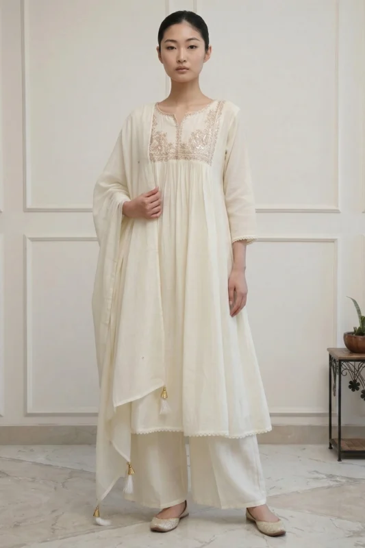 A full-length view of a woman wearing an all-white flared kurti from the Majuli Muse collection. The garment features intricate white-on-white floral embroidery on the bodice and a wide embroidered border at the hem, paired with matching white trousers and a sheer dupatta.