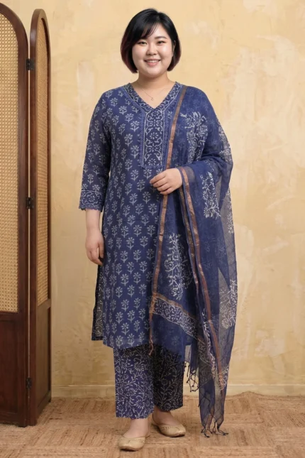 A woman stands smiling, wearing the Mehak indigo suit set. The knee-length kurta is made from breathable Kota Doria fabric with a white floral block print. It is paired with matching printed trousers and a sheer indigo dupatta featuring a copper-toned zari border. The background features a classic wooden room divider.