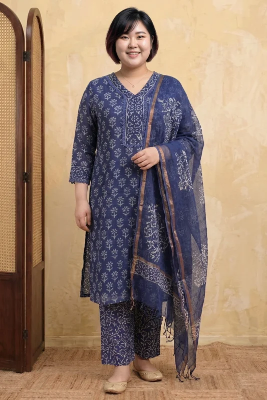 A woman stands smiling, wearing the Mehak indigo suit set. The knee-length kurta is made from breathable Kota Doria fabric with a white floral block print. It is paired with matching printed trousers and a sheer indigo dupatta featuring a copper-toned zari border. The background features a classic wooden room divider.