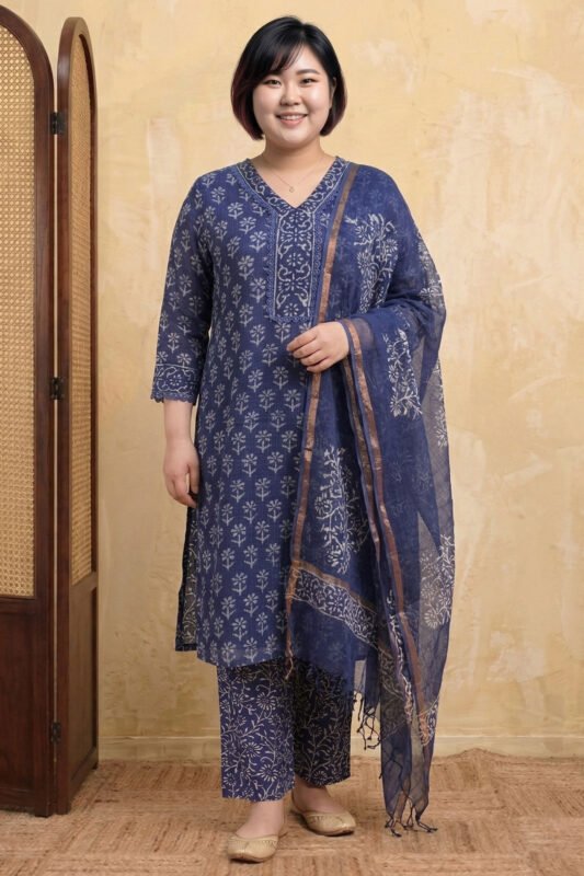 A woman stands smiling, wearing the Mehak indigo suit set. The knee-length kurta is made from breathable Kota Doria fabric with a white floral block print. It is paired with matching printed trousers and a sheer indigo dupatta featuring a copper-toned zari border. The background features a classic wooden room divider.