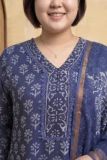 A close-up of the Mehak kurta’s bodice. It features a flattering V-neckline adorned with a delicate blue crochet lace trim. The center of the kurta has a rectangular bib-style print with swirling vine patterns, framed by the same scalloped lace. A thin silver necklace is visible against the indigo fabric.