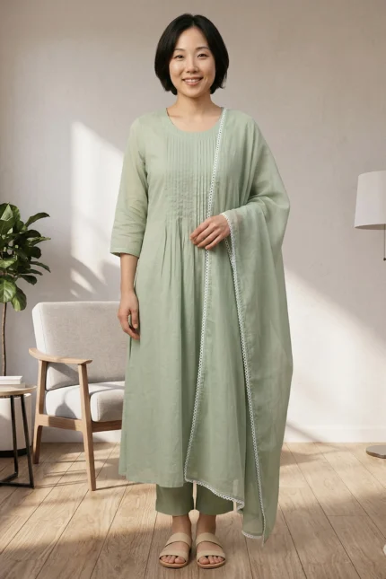 A full-length view of the Nazm sage green kurta set. The model is wearing a long-sleeved A-line kurta with pleated details, matching straight-fit trousers, and a soft organza dupatta with white lace trim.