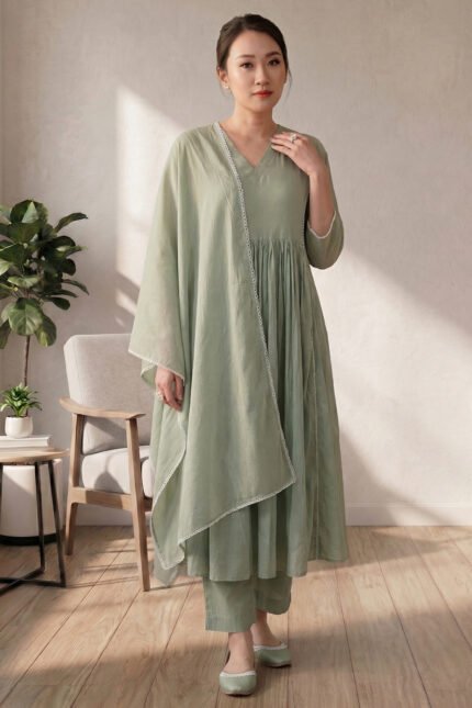 Nazm V-neck Olive Green Gathered Kurta Set