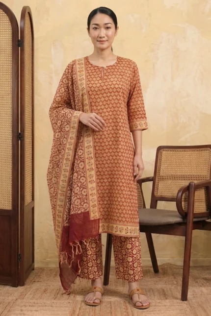 A woman stands in a studio setting wearing the Nysa rust-colored suit set. The knee-length kurta is made of breathable Kota Doria fabric with a small cream geometric print. It is paired with straight-fit trousers featuring a large floral vine pattern and a matching rust dupatta with a decorative cream border and fringe. She is wearing tan leather kolhapuri sandals.