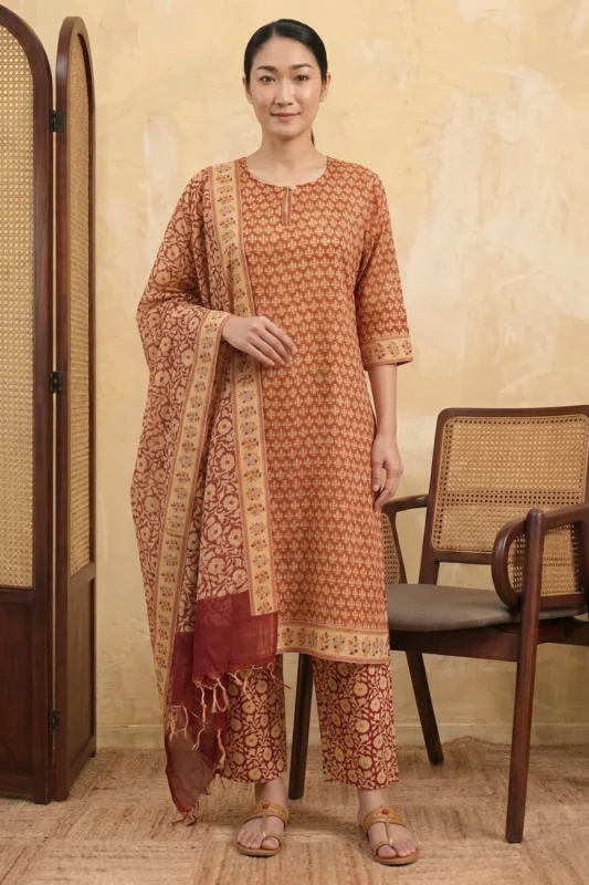 A woman stands in a studio setting wearing the Nysa rust-colored suit set. The knee-length kurta is made of breathable Kota Doria fabric with a small cream geometric print. It is paired with straight-fit trousers featuring a large floral vine pattern and a matching rust dupatta with a decorative cream border and fringe. She is wearing tan leather kolhapuri sandals.