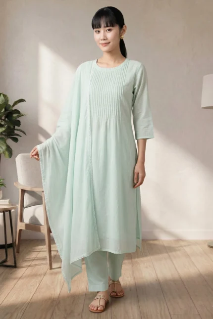 A full-length studio shot of a model posing in the Nysa Weaves three-piece set, featuring a seafoam green long kurti, straight-fit pants, and a draped dupatta with delicate lace edges.