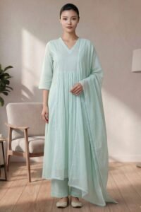 Full-length studio photo of a model in the Nysa Weaves V Neck seafoam green set, featuring a gathered-waist kurta, straight trousers, and a matching lace-bordered dupatta.