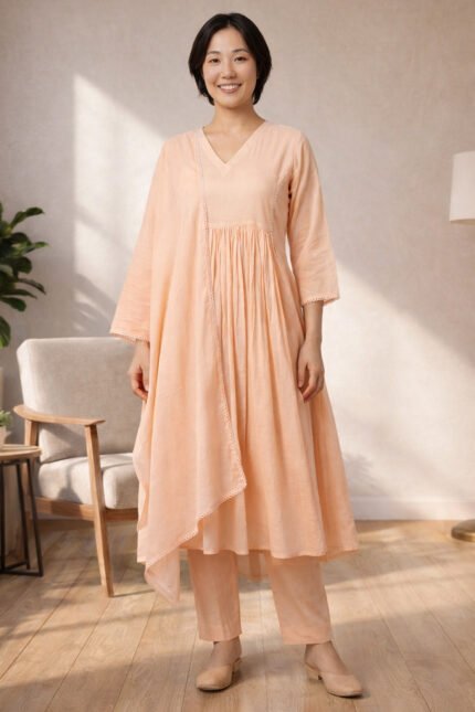 A full-length studio photo of a model in the ORA Ethnic V Neck peach three-piece set, featuring a flowy gathered kurta, straight trousers, and a lace-bordered dupatta.
