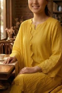 A full-length view of the Saaz mustard yellow crinkle georgette kurti set with a matching dupatta.