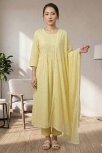 A full-length studio portrait of a woman wearing the Canvas pale yellow ethnic set. The outfit includes a long pintucked flared kurti, matching straight-fit trousers, and a lace-bordered dupatta. She is styled with beige slide sandals in a minimalist, sunlit room.