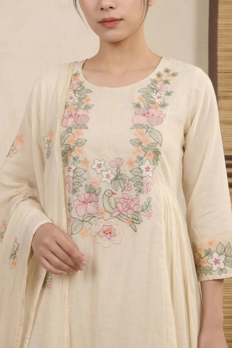 A detailed close-up of the kurti's bodice, showcasing an intricate U-shaped floral embroidery pattern featuring various blossoms and leaves. The design is accented by soft gathers and pleats below the bust, emphasizing the garment's feminine silhouette.