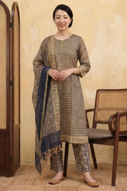 Veda Wear Hand-Block Printed Kota Doria Suit Set in Indigo & Ochre