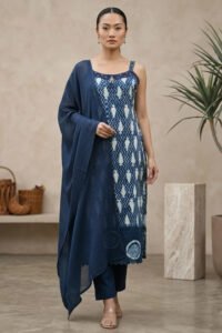 Person wearing a blue and white printed kurta with spaghetti straps, geometric and floral motifs, matching blue pants, and a blue dupatta, accessorized with earrings and beige heels, standing in a minimalist indoor setting with plant and woven baskets.