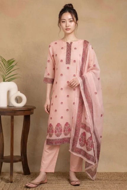 A woman wearing the Blush Buti Kurta Set comprising a straight-cut blush pink buti printed kurta with embroidered placket and large floral border at hem, matching straight-leg pants, and a sheer pink dupatta with floral printed border, styled with blush pink juttis