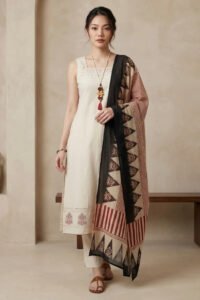 Person wearing a cream kurta with square neckline and embroidery near the hem, styled with matching pants and a printed dupatta in black, maroon, and beige, accessorized with a beaded necklace, bracelet, and brown sandals, standing in a minimalistic indoor setting.