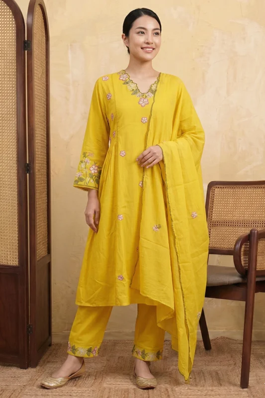A woman wearing the Golden Petal Kurta Set comprising a floral embroidered A-line kurta, matching straight-leg pants with embroidered hem, and a plain dupatta, styled with gold juttis