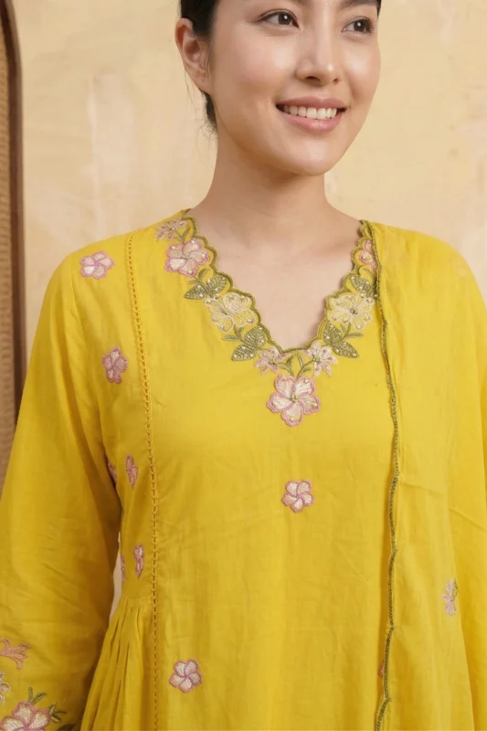Close-up of the Golden Petal Kurta Set featuring a scalloped neckline with pink floral and green leaf threadwork embroidery with pearl accents