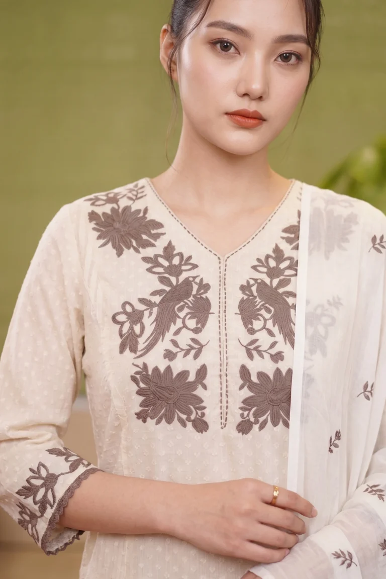 Close-up of the Inaya kurta neckline featuring symmetrical bird and floral thread work in chocolate brown.
