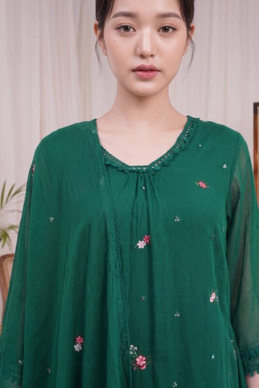 Close-up front view of the Jade Kurti Set, highlighting the softly gathered neckline with delicate lace trim, alongside scattered pink and white floral embroidery with subtle sequin accents.
